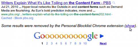 Personal Blocklist - Hinweis auf blockierte Websites im Suchergebnis